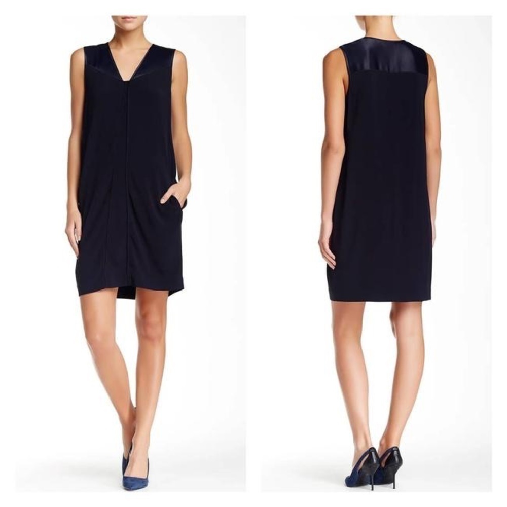 Vince V-Neck Matte Shine Dress Size XS Navy Pockets